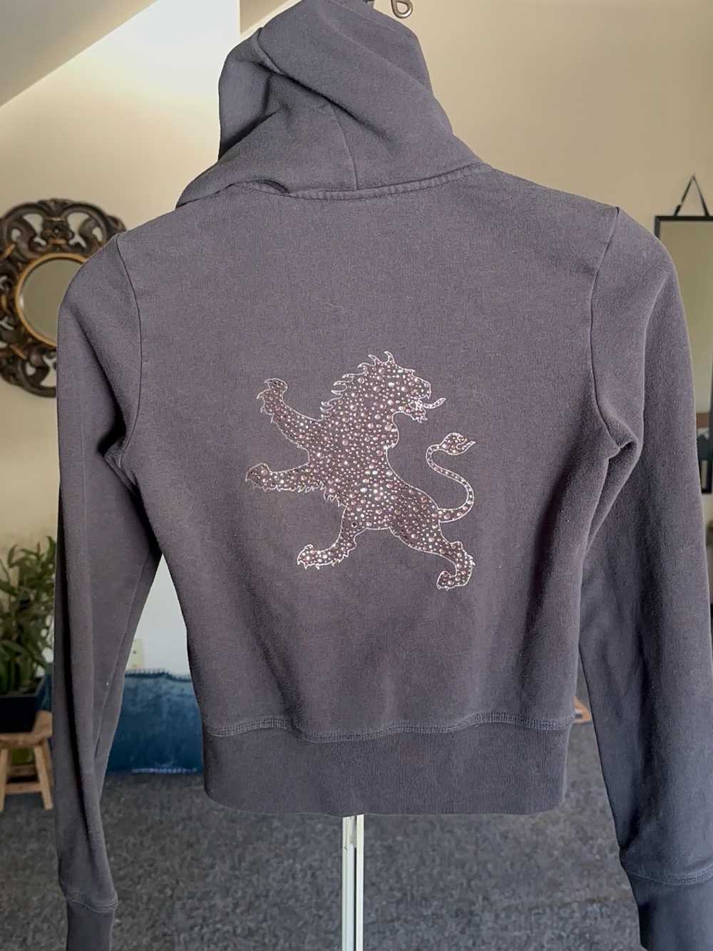 2006 Express Charcoal Gray Zip-Up Hoodie with pink jewels